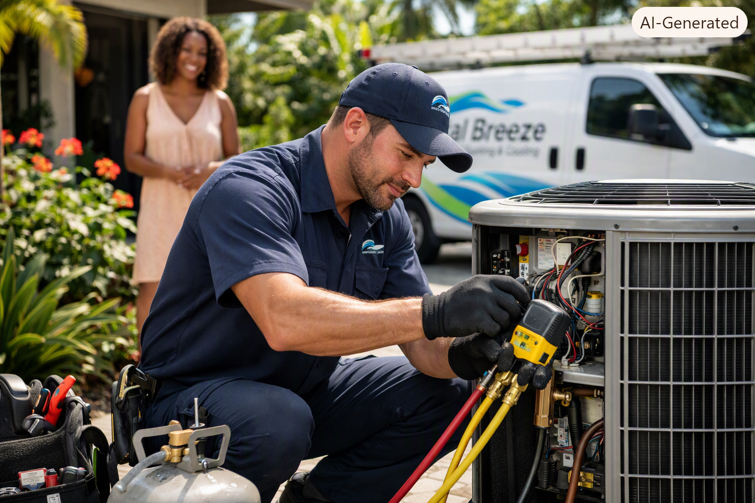 Professional HVAC technician helping a South Florida homeowner