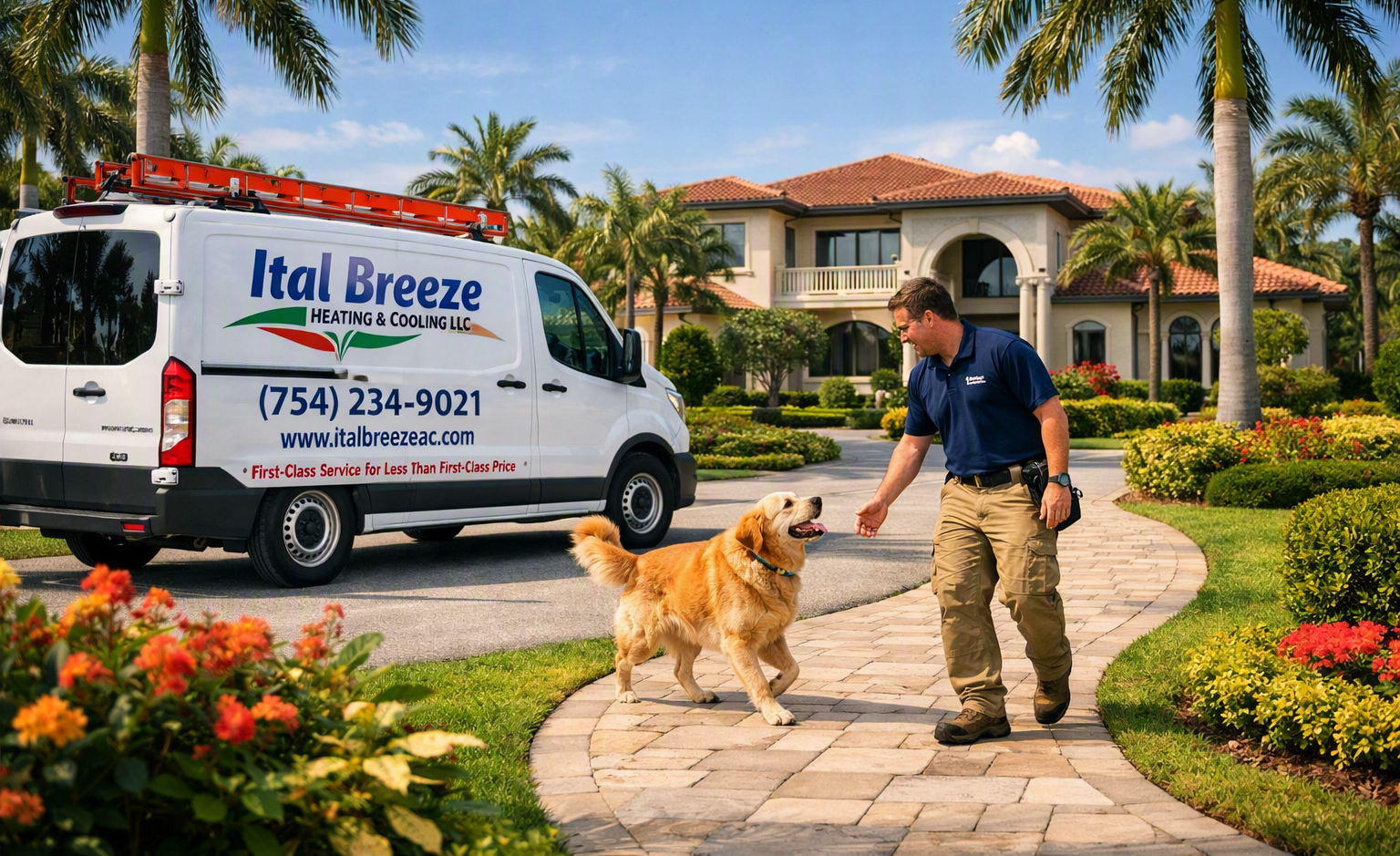Ital Breeze HVAC technician arriving at a South Florida home and greeting a family dog