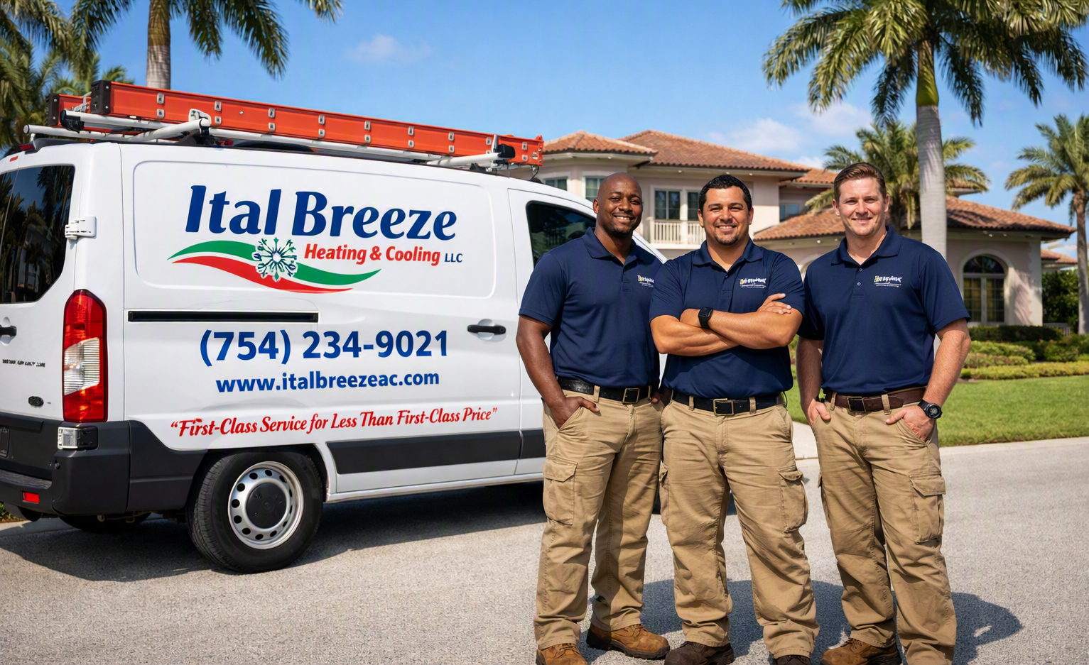 Ital Breeze Heating and Cooling team standing beside their service van in South Florida